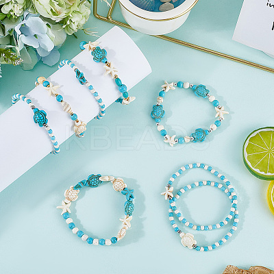 8Pcs Turtle & Starfish Synthetic Turquoise Beaded Stretch Bracelet Sets BJEW-SC0001-47-1