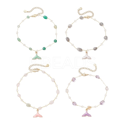 4Pcs 4 Styles Brass Handmade Natural Morganite & Amethyst & Labradorite & Green Onyx Agate(Dyed & Heated) Nuggets Link Chain Alloy Enamel Whale Tail Charm Anklets for Women AJEW-AN00709-1