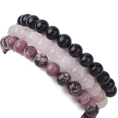 3Pcs 3 Styles Natural Mixed Gemstone Round Beaded Stretch Bracelets Set BJEW-JB10139-01-1