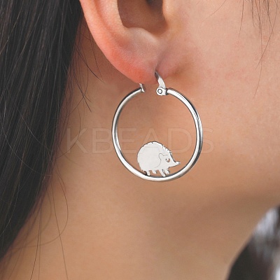 Non-Tarnish 304 Stainless Steel Hedgehog Beaded Hoop Earrings LS-EJEW-F320-02P-1