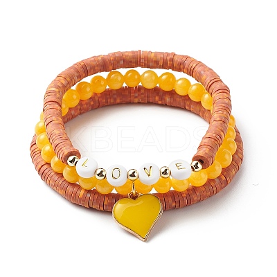 3Pcs 3 Style Natural Dyed Yellow Jade & Acrylic Word Love Beaded Stretch Bracelets Set with Alloy Enamel Heart Charms BJEW-JB08924-03-1