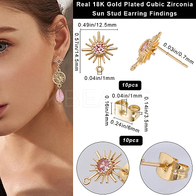10Pcs Brass with Pink Cubic Zirconia Stud Earring Findings KK-BBC0013-36-1