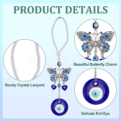 Blue Evil Eye with Butterfly Car Hanging Decoration Ornament HJEW-WH0043-34-1