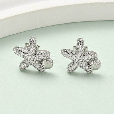 Brass Micro Pave Clear Cubic Zirconia Stud Earrings EJEW-A145-03C-P-1