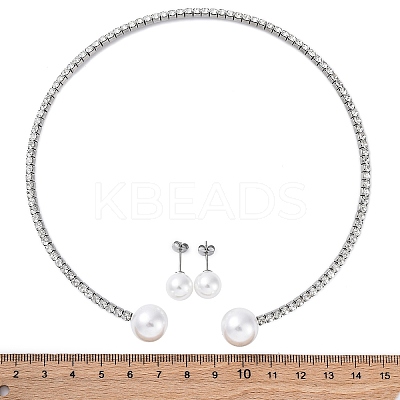 Round Plastic Imitation Pearl Stud Earrings & Rhinestone Cuff Choker Necklaces Sets SJEW-U003-04P-1