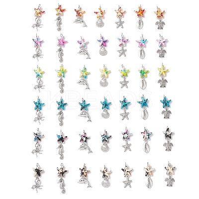7Pcs 7 Styles Dyed Synthetic Turquoise Starfish & Alloy Sea Animals Pendants PALLOY-JF03754-1