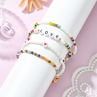 4Pcs 4 Styles Love Theme Glass Seed Beaded Stretch Bracelets Sets BJEW-TA00323-1