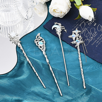4Pcs 4 Styles Tibetan Style Alloy Resin Hair Sticks OHAR-SC0001-14-1