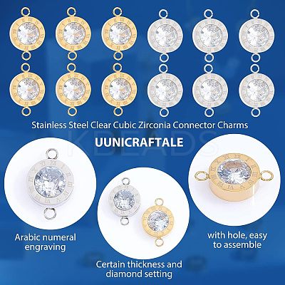 12Pcs 2 Colors 304 Stainless Steel Clear Cubic Zirconia Connector Charms STAS-UN0037-33-1