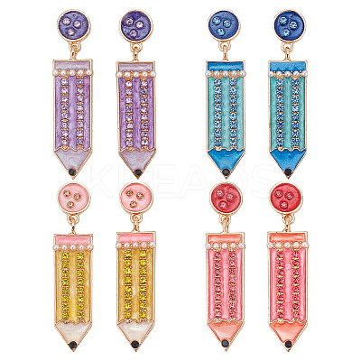 4 Pairs 4 Colors Alloy Enamel Pencil Dangle Stud Earrings for Teachers' Day EJEW-AN0004-86-1