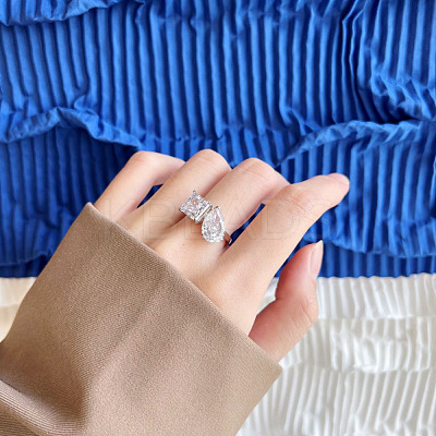 Square & Teardrop Rhodium Plated 925 Sterling Silver Micro Pave Cubic Zirconia Finger Rings for Women RJEW-F168-01P-1