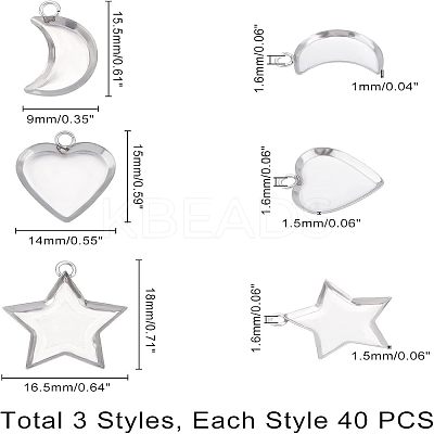120Pcs 3 Styles 304 Stainless Steel Pendant Cabochon Settings STAS-UN0020-85P-1