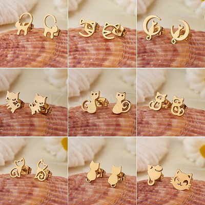 9 Pairs 9 Style 316 Surgical Stainless Steel Cute Kitten Stud Earrings for Women JE933A-1