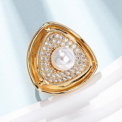 Adjustable Brass Micro Pave Clear Cubic Zirconia with ABS Plastic Pearl Cuff Rings RJEW-G368-05G-1