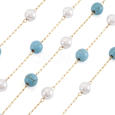 Synthetic Turquoise & Glass Round Bead Link Chains CHS-TA0001-49-1