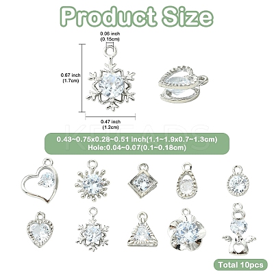 10Pcs 10 Styles Alloy Micro Pave Clear Cubic Zirconia Charms ZIRC-YW0001-13-1