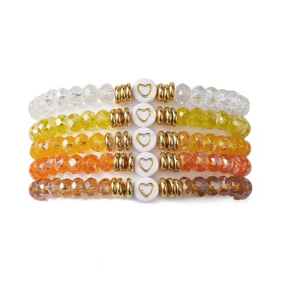 5Pcs Glass & Brass & Acrylic Beaded Stretch Bracelets Set BJEW-JB09677-03-1