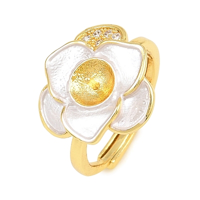 Flower Brass Micro Pave Cubic Zirconia & Enamel Cuff Ring Settings KK-CBAC351-06G-03-1