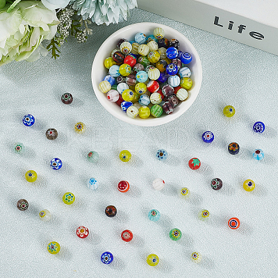 3 Strands Handmade Millefiori Glass Round Bead Strands LAMP-LT0001-16C-1