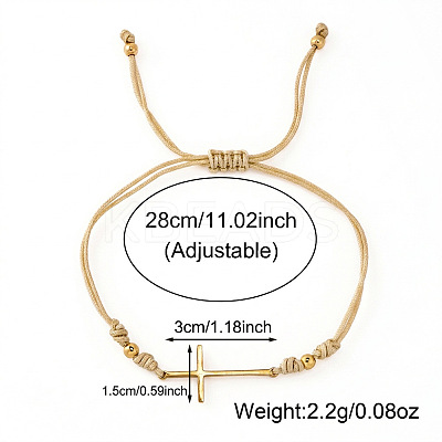 Adjustable 304 Stainless Steel Sideways Cross Link Handmade Braided Cord Bracelets with Brass Beads for Men Women HK4734-1