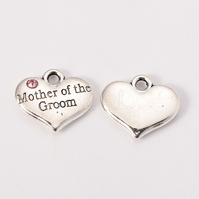 Wedding Theme Antique Silver Tone Tibetan Style Alloy Heart with Mother of the Groom Rhinestone Charms X-TIBEP-N005-17C-1