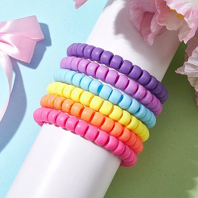 6Pcs 6 Colors Rondelle Opaque & Frosted Acrylic Beaded Stretch Bracelet Sets BJEW-JB10304-1