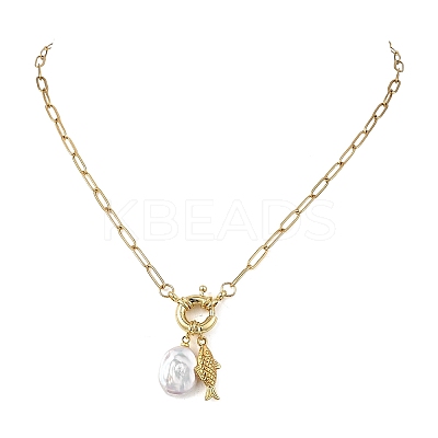 Ocean 304 Stainless Steel Fish and Natural Baroque Keshi Pearl Coin Bead Pendant Paperclip Chain Necklaces for Women NJEW-JN06327-1