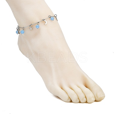 201 Stainless Steel Moon Star & Natural Dyed Malaysia Jade Round Charm Brass Bar Link Chain Anklets AJEW-AN00732-02-1