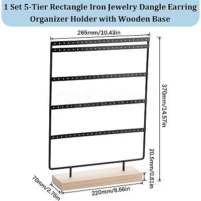 1 Set 5-Tier Rectangle Iron Jewelry Dangle Earring Organizer Holder with Wooden Base EDIS-SC0001-07A-1