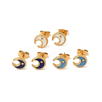 Ion Plating(IP) Enamel Crescent Moon with Star Stud Earrings with 316 Surgical Stainless Steel Pins EJEW-A081-09G-1