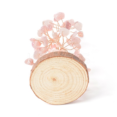 Natural Rose Quartz Chips with Brass Wrapped Wire Money Tree on Wood Base Display Decorations DJEW-B007-05G-1