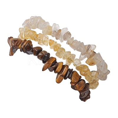 3Pcs Natural Citrine & Natural Tiger Eye & Natural Gold Rutilated Quartz Chip Beaded Stretch Bracelet Sets BJEW-JB10863-1