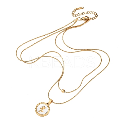 304 Stainless Steel with Natural White Shell Square Disc Pendant Double Layer Necklaces NJEW-K300-06B-G-1