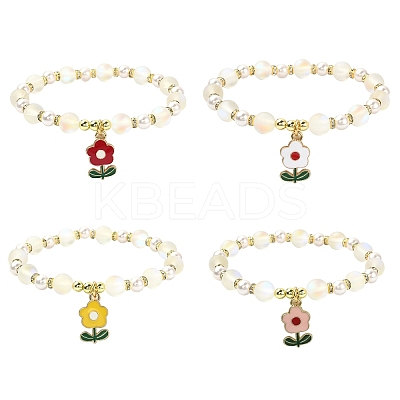 Synthetic Moonstone & Plastic Pearl & Hematite Beaded Stretch Bracelet BJEW-JB09502-1