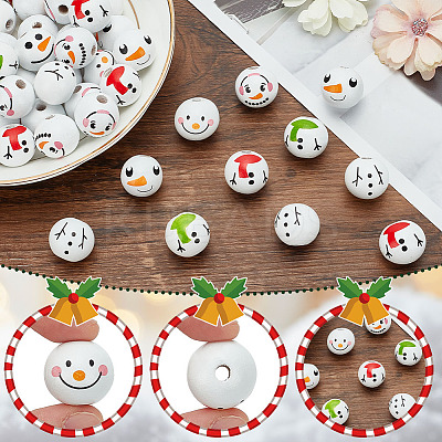 60Pcs 6 Styles Round Christmas Snowman Print Wood European Beads WOOD-PH0002-98-1