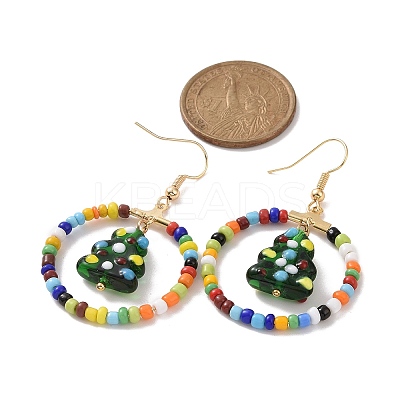 Glass Seed Beaded Ring with Lampwork Christmas Tree Dangle Earrings EJEW-TA00231-1
