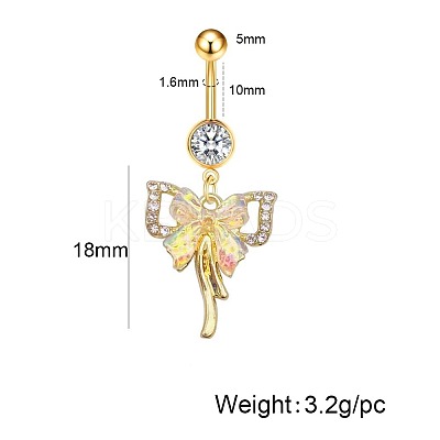304 Stainless Steel Pave Clear Cubic Zirconia Enamel Bowknot Curved Barbell Dangle Belly Rings FS-WG01A3A-02-1
