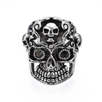 Gothic Punk Skull Alloy Open Cuff Ring for Men Women RJEW-T009-61AS-1