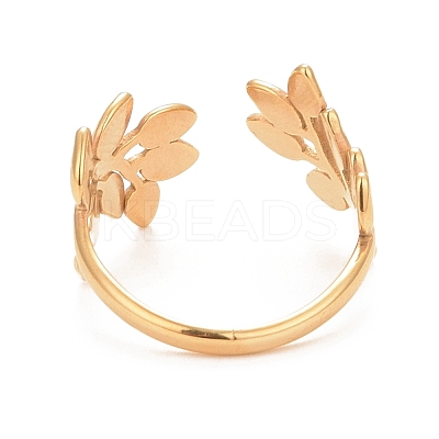 Ion Plating(IP) 304 Stainless Steel Leaf Open Cuff Ring for Women RJEW-C025-09G-1