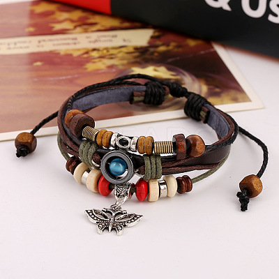 Rope & Cowhide Leather Braided Multi-strand Bracelets BUER-PW0001-036-1