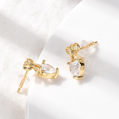 Heart Brass Micro Pave Clear Cubic Zirconia Stud Earrings EJEW-P331-06G-1