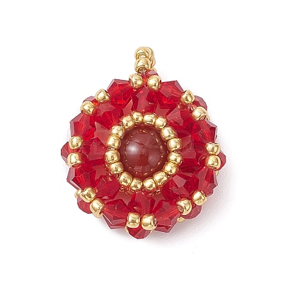 Natural Carnelian(Dyed & Hearted) & Glass Seed Beaded Flat Round Pendants PALLOY-MZ00950-07-1