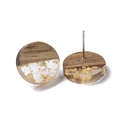 Resin & Walnut Wood Flat Round Stud Earrings with 304 Stainless Steel Pin for Women EJEW-TAC0021-05B-1
