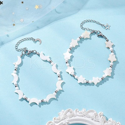 2Pcs Natural White Shell Star & Moon Link Bracelets BJEW-JB13283-1