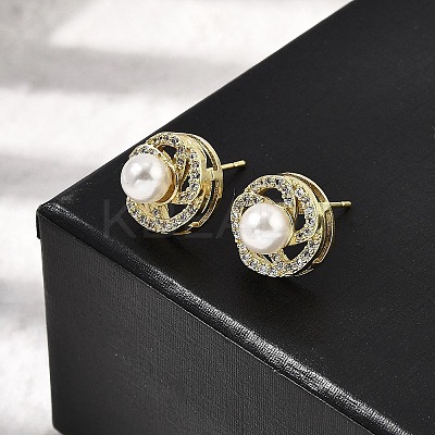 Brass Clear Cubic Zirconia Round Stud Earrings EJEW-L261-020G-1