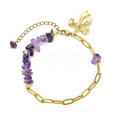 Natural Amethyst Chip Beads 304 Stainless Steel Paperclip Chain Bracelets with Alloy Bowknot Charms BJEW-JB14187-01-1