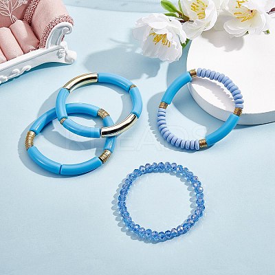 4Pcs 4 Style Acrylic Chunky Curved Tube Stretch Bracelet Sets BJEW-SW00074-03-1