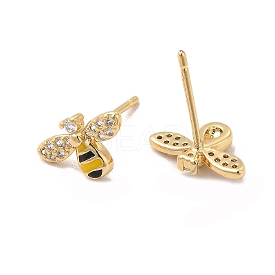 Cubic Zirconia Bee Stud Earrings with Enamel EJEW-G341-02G-1