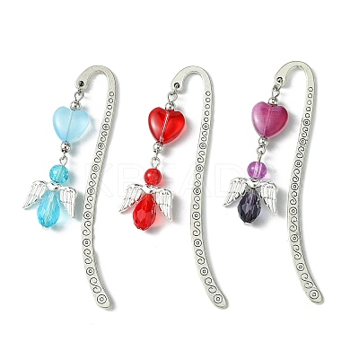 3Pcs 3 Colors Glass Bead Heart Angel Bookmarks AJEW-JK00276-1