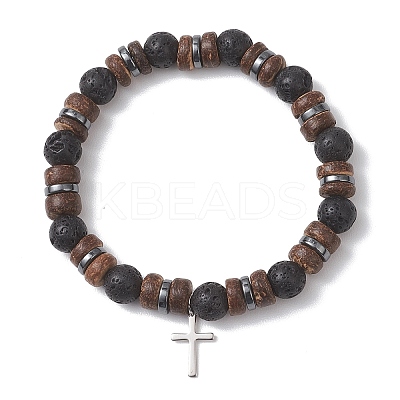 2Pcs Adjustable Natural Coconut & Lava Rock & Synthetic Lava Rock Beads Stretch Bracelets BJEW-JB13285-1